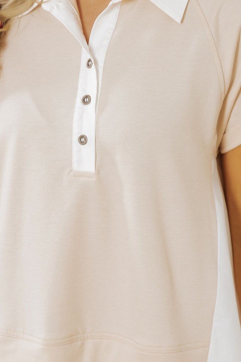 Collared Neck Buttoned Patchwork Short Sleeve Mini Dress - New Arrivals